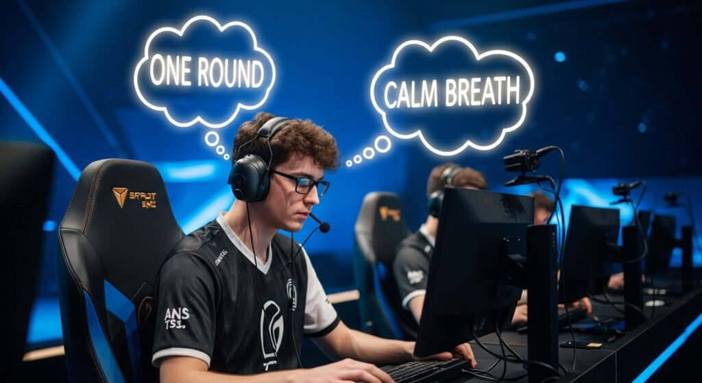 Pro gamer on stage with glowing thought fragments like “one round” and “calm breath,” symbolizing mental focus during esports play.