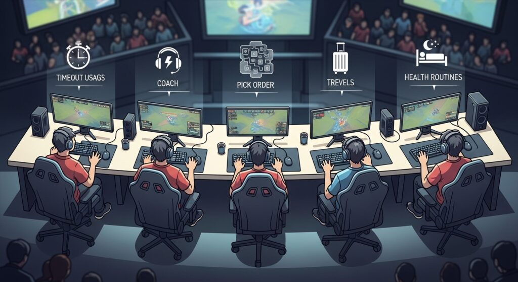 sports team improving performance with smart timeout use, coach communication, map picks, travel routines, and proper sleep.