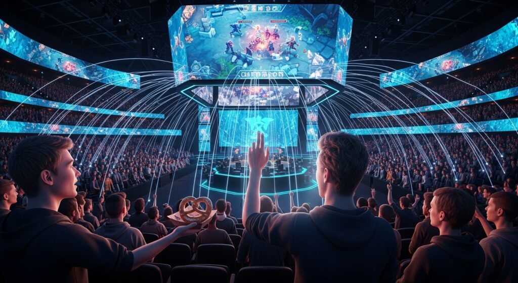 A cinematic 3D render of a esports arena where a fan's prophetic insight is visualized as a hologram of the game, connecting to the crowd with strands of light as another fan offers a pretzel.