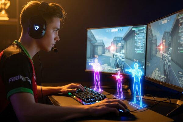 Pro gamer at a glowing setup practicing aim with holographic targets and focused lighting, symbolizing the best warm-up routines for pro gamers.