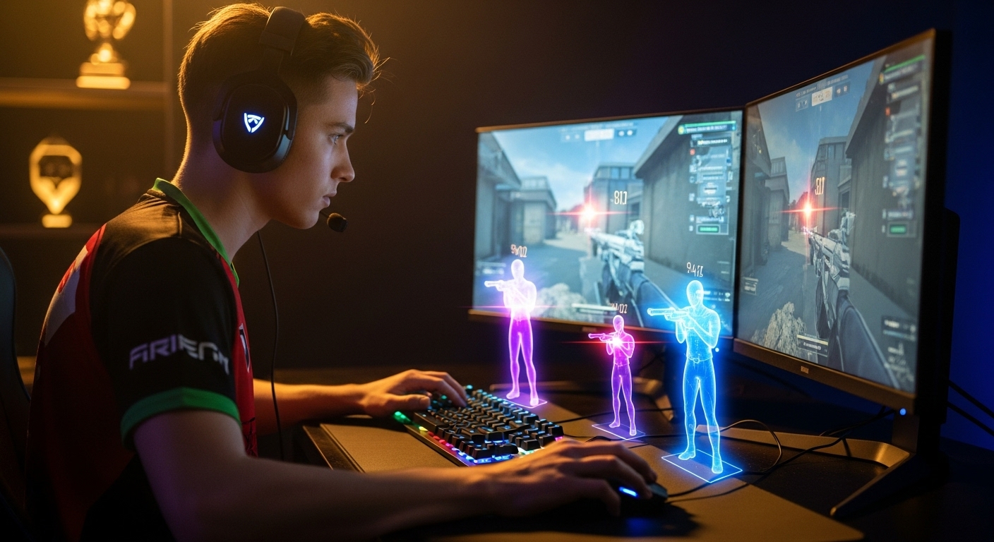Pro gamer at a glowing setup practicing aim with holographic targets and focused lighting, symbolizing the best warm-up routines for pro gamers.