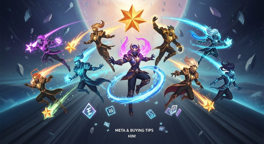 Concept: Celestial magical showcase of the collection

Center: Multiple Star Guardian champions in dynamic, mid-action poses, each glowing in their signature colors with sparkling magical trails.

Surrounding them: VFX elements—shooting stars, energy swirls, and sparkles—to visually represent their abilities and skin effects.

Background: Stylized outer space or galaxy-themed lane with soft nebula gradients and floating star fragments to enhance the “collection” feel.

Meta & Buying Tips Hint: Subtle visual cues like holographic rarity icons, floating loot boxes, or tiny shimmering currency symbols, hinting at skin purchasing without cluttering the design.

Visual Style: Cinematic, semi-realistic with painterly, glowing textures. Vibrant and saturated colors to make the skins pop.

star guardian skins collection