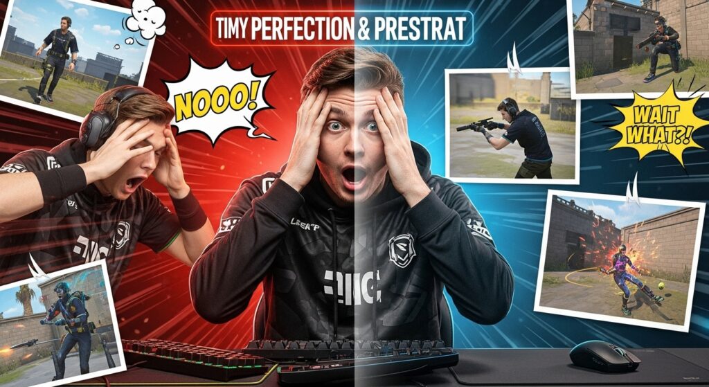 “Humorous esports montage showing pro players mid-fail, including physics glitches, accidental map exits, and friendly fire, contrasting perfect strategies with chaotic moments.”
