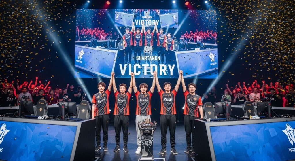 Esports team celebrating victory at a professional gaming tournament.