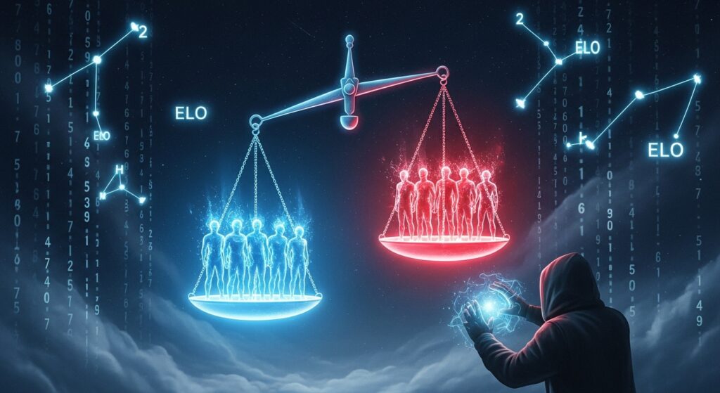 Glowing mystical scale balancing two holographic teams with Elo numbers and code flowing in the background, symbolizing how matchmaking decides rank behind the scenes.