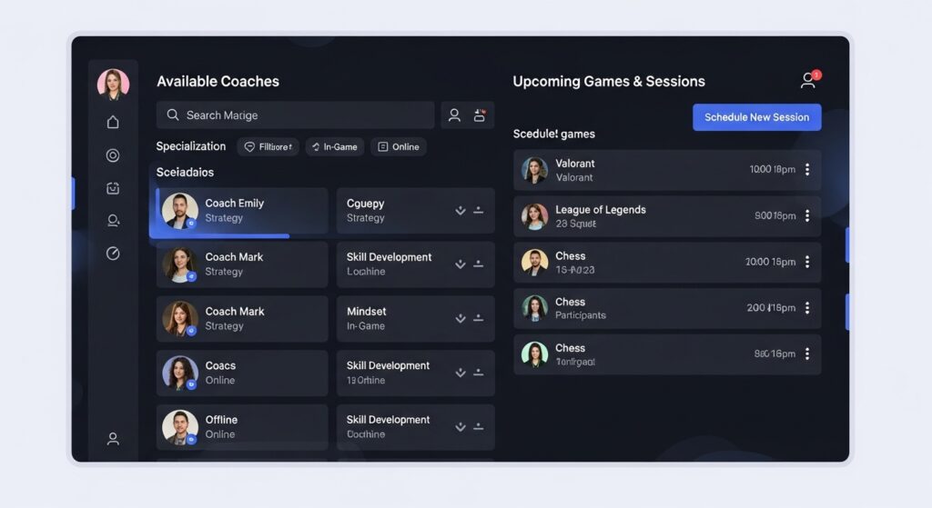 Overview of esports coaching platform with coaches and game options.