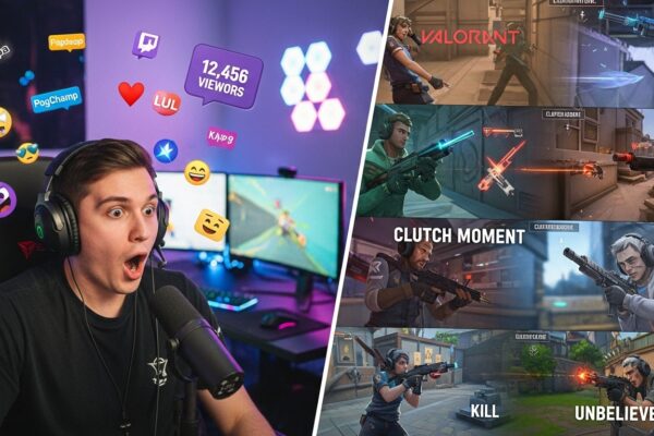 Dynamic esports montage showing a Twitch streamer reacting live, with chat emotes, viewer count, and in-game clutch moments, highlighting the best moments from Twitch esports streams.