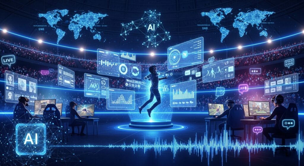 Futuristic harmonicode esports arena where AI analytics, cross-platform players, and rhythmic data waves merge to represent the evolving future of global esports.