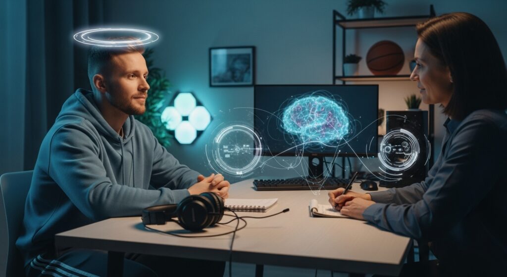 Life of a professional gamer off stage showing therapy and sports psychology as part of training, blending gaming gear with visuals of mental focus and clarity.