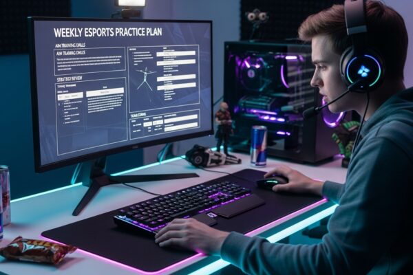 Beginner gamer at a glowing desk setup reviewing a weekly esports practice plan on the monitor, symbolizing structured training drills for improvement.