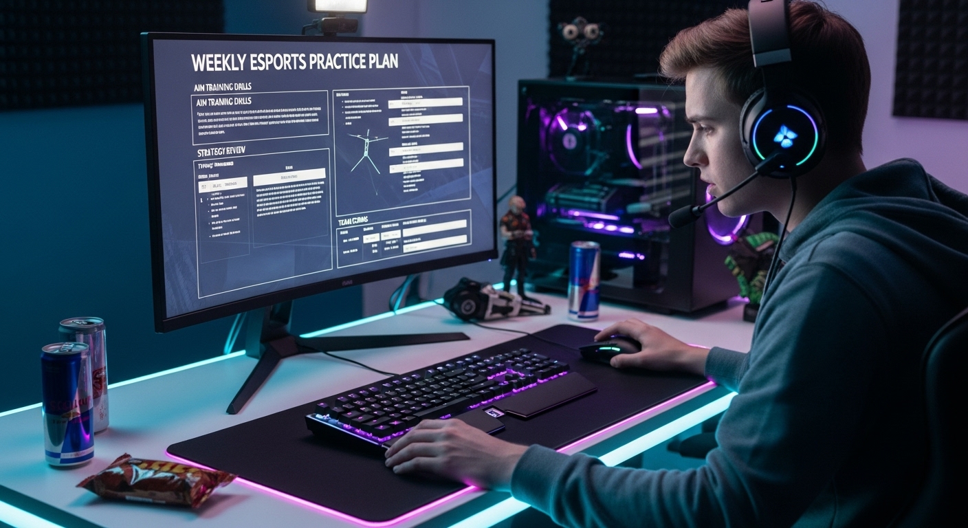 Beginner gamer at a glowing desk setup reviewing a weekly esports practice plan on the monitor, symbolizing structured training drills for improvement.