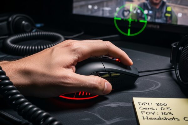 Close-up of a gamer’s hand on a mouse with crosshair locked on target, surrounded by gear and notes on sensitivity, symbolizing FPS aim mastery for headshots.
