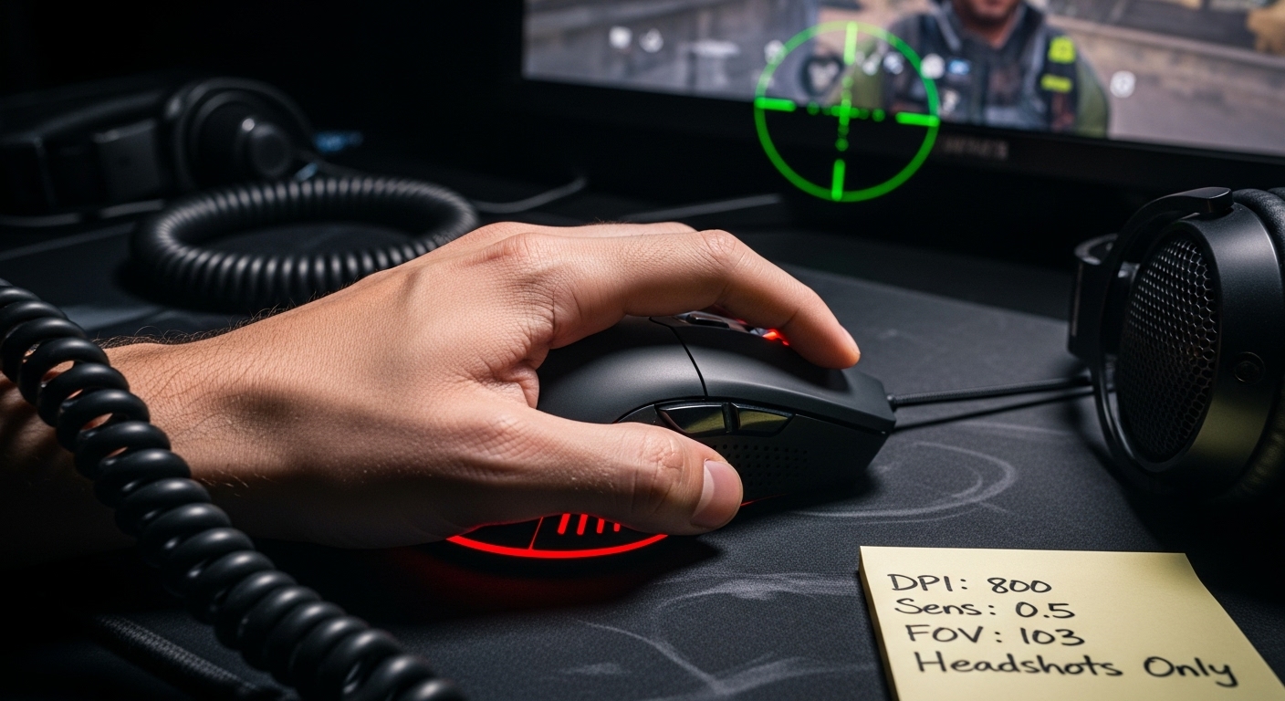Close-up of a gamer’s hand on a mouse with crosshair locked on target, surrounded by gear and notes on sensitivity, symbolizing FPS aim mastery for headshots.