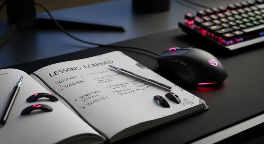 Lessons learned from top esports players shown through a close-up desk setup with a notebook of routines, sensitivity notes, and mouse feet replacement.