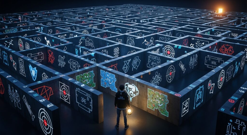 Gamer exploring a glowing maze of esports icons with a faint path forward, symbolizing hidden growth opportunities for those willing to look.