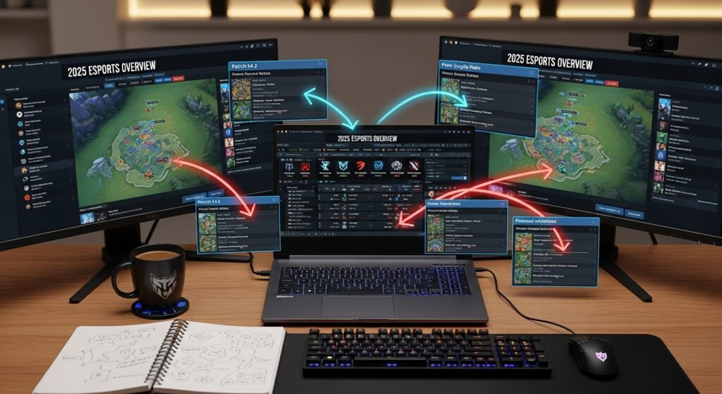Esports fan tracking live tournament feeds, patch notes, and map changes in 2025 for quick updates and strategy planning.