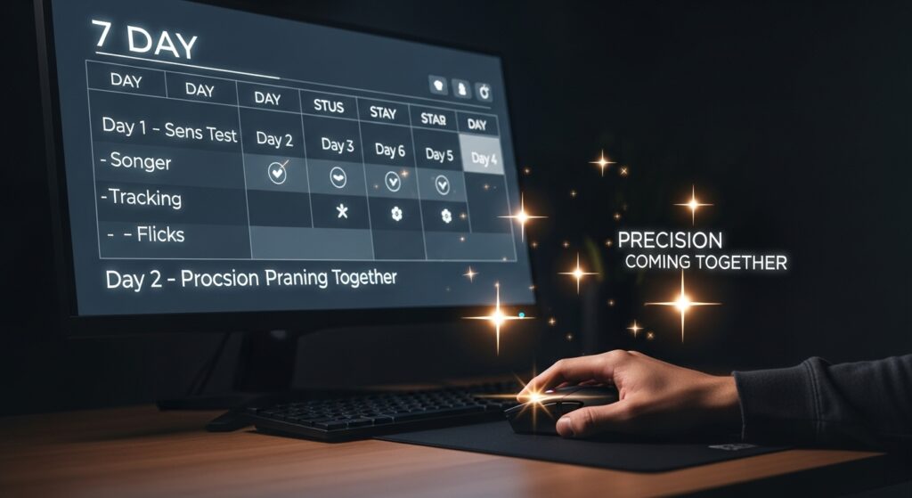 Monitor showing a 7-day aim training plan with daily drills, symbolizing how to fix aim in just one week.