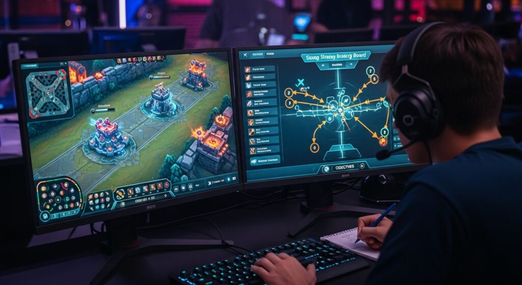 Gamer studying a MOBA map and strategy board on a glowing monitor, symbolizing esports drills for strategy and decision-making beyond headshots.
