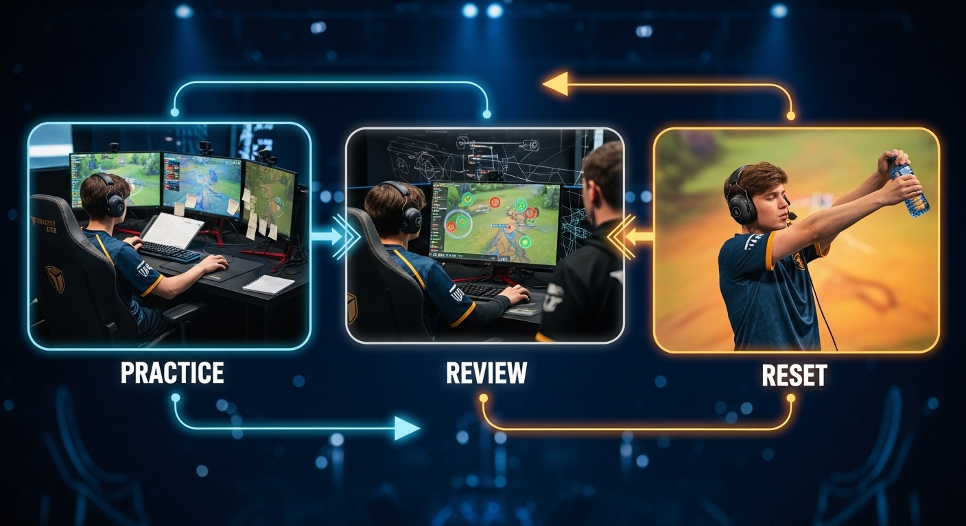 How esports pros prepare for tournaments with practice scrims, replay reviews, and reset routines before competition.