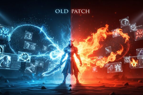 Dota 2 patch changes and meta shift visualized with a hero split between old and new powers.