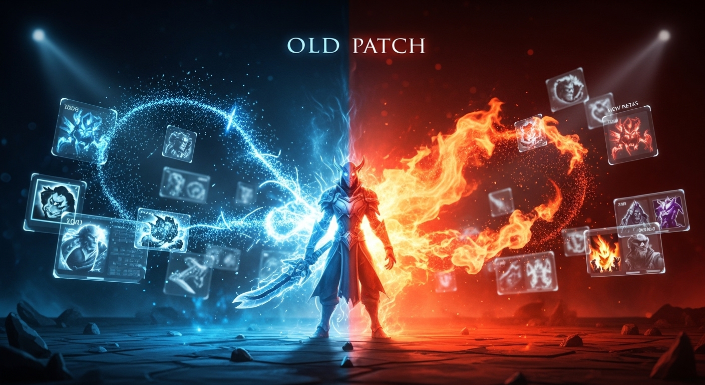 Dota 2 patch changes and meta shift visualized with a hero split between old and new powers.