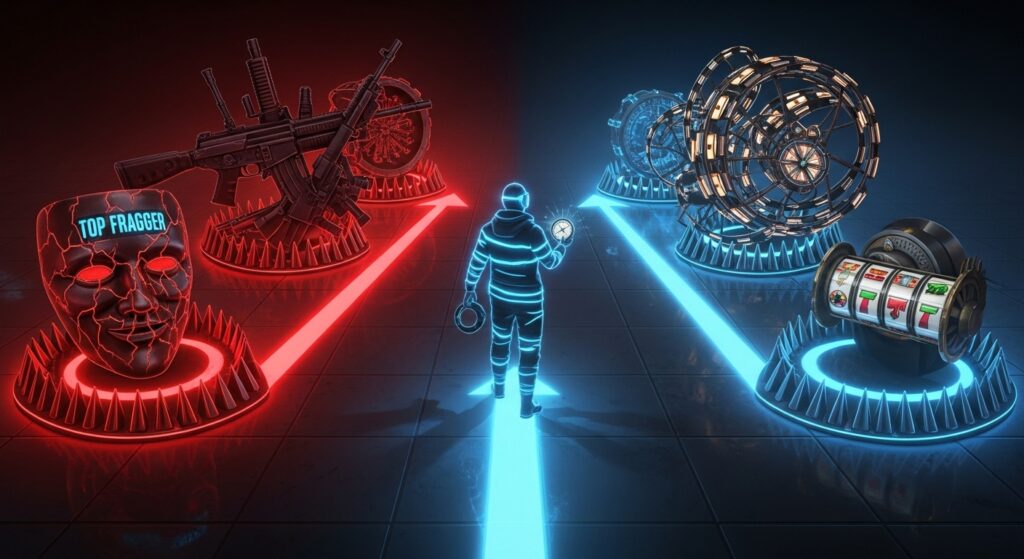 Futuristic gamer glowing with blue light carefully stepping between holographic rank traps like weapons, slot reels, and frag masks, symbolizing how to dodge common mistakes in competitive matchmaking.