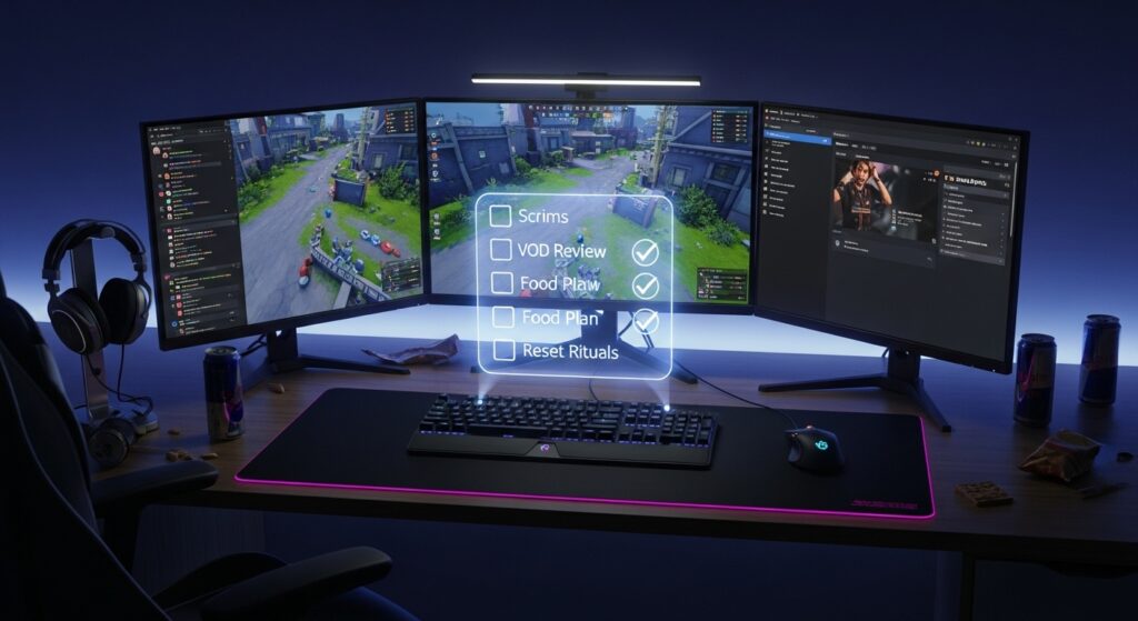 Esports gaming desk with glowing sticky note checklist floating above, showing routines like scrims, VOD review, food plan, and reset rituals.