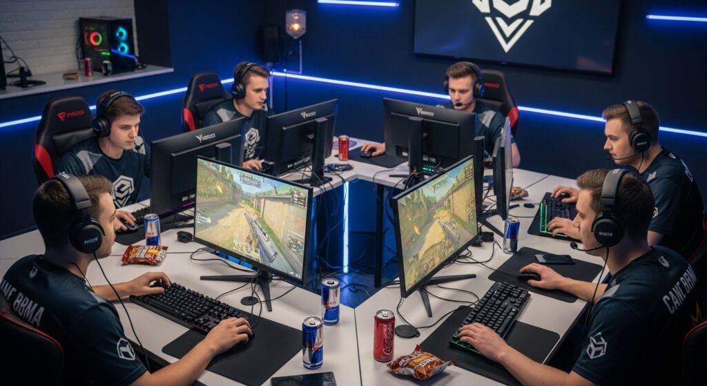 Esports team communicating and strategizing in an FPS match.
