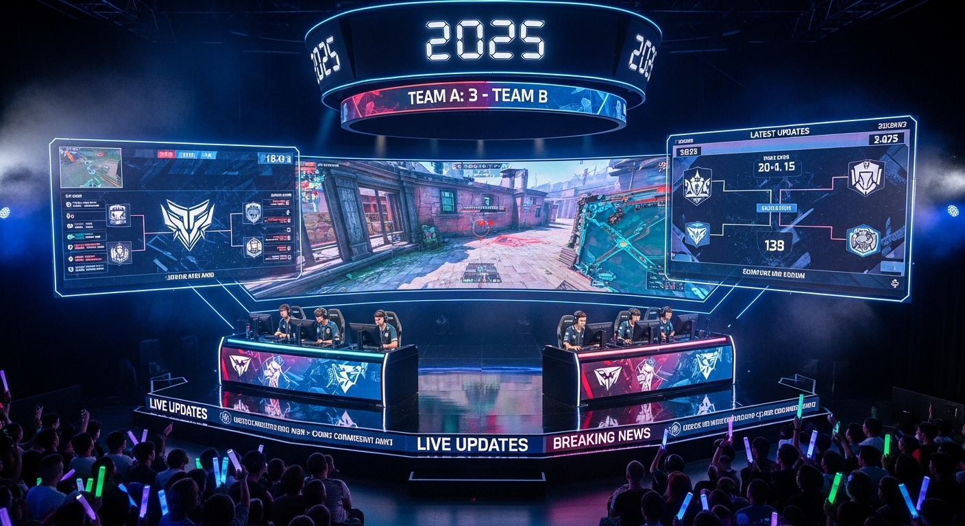 Latest esports tournament updates 2025 showing live matches, scores, and player action on stage.