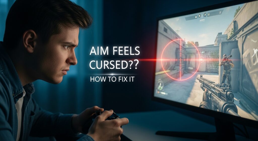 Frustrated gamer missing shots on screen with crosshair slightly off target, symbolizing why aim feels cursed and how to fix it.