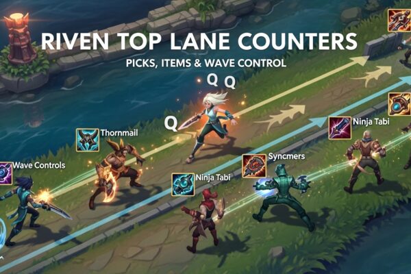 High-quality 3D render showing Riven top lane counters with counter champions, recommended items, and wave control in League of Legends.