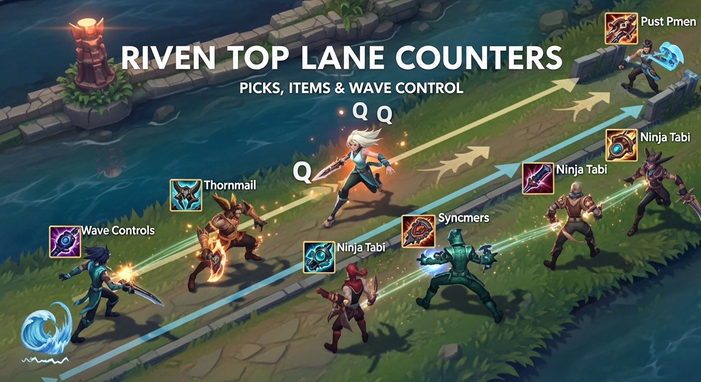 High-quality 3D render showing Riven top lane counters with counter champions, recommended items, and wave control in League of Legends.