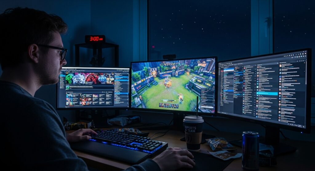 Late-night gamer desk with multiple glowing monitors full of esports headlines and streams, symbolizing the nonstop grind of esports news.