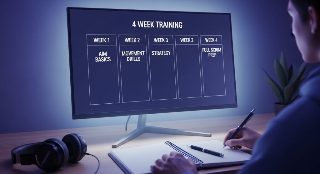 Monitor displaying a glowing 4-week esports training calendar with aim, movement, and strategy drills, symbolizing a structured starter practice plan.