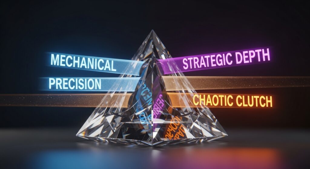 A 3D render of a crystalline prism refracting beams of light representing different types of esports greatness: mechanical precision, strategic depth, and chaotic clutch moments.
