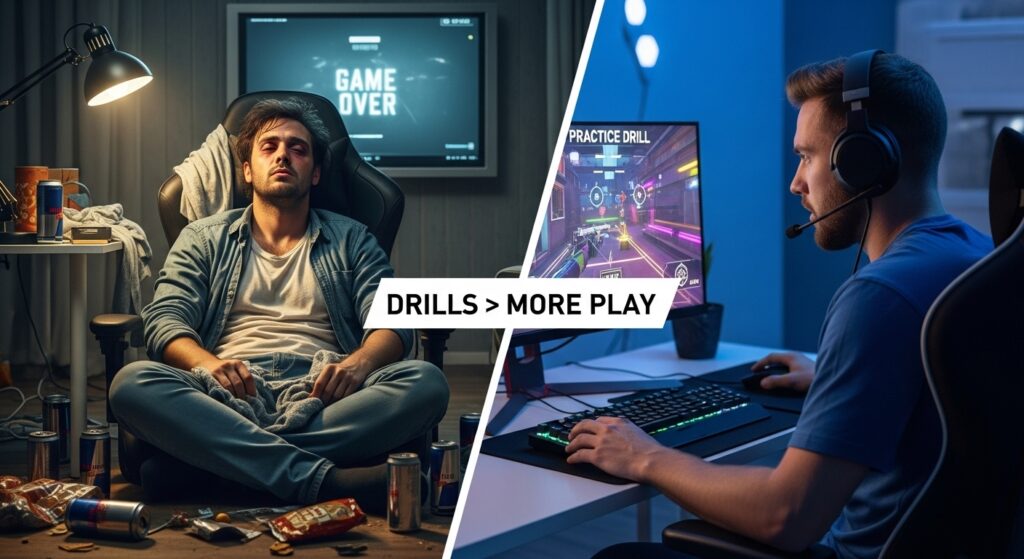 Side-by-side gamers: one tired and messy from endless play, the other focused with glowing drills on screen, showing why practice drills beat just playing more.