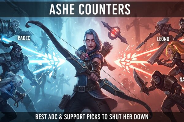 League of Legends champions surrounding Ashe, highlighting the best ADC and support counters to shut her down.