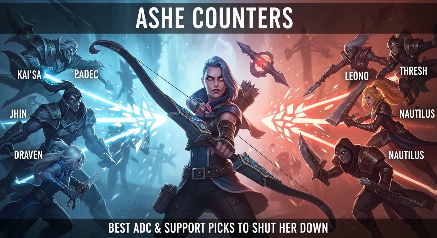 League of Legends champions surrounding Ashe, highlighting the best ADC and support counters to shut her down.