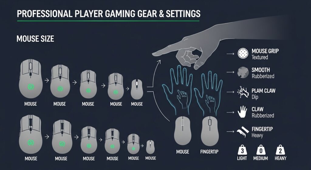 Pro player gaming gear and settings shown through an infographic of mouse size versus hand size with silhouettes, hand overlays, and icons for grip and weight.