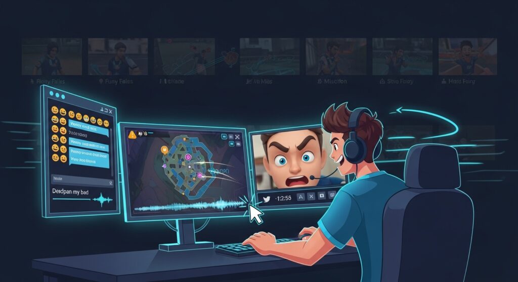 Esports clip-hunting scene showing a gamer at a multi-monitor setup filtering funny moments: chat with laughing emotes, expressive facecam, minimap hints, and audio highlights, representing a fast process for finding the best content.