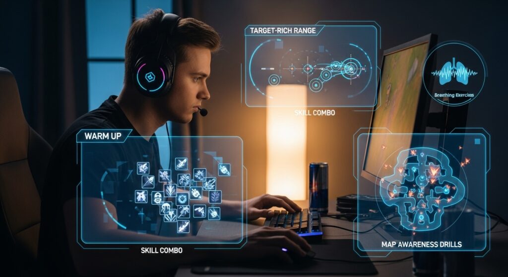 Pro gamer focused at their desk during a warm-up routine, with semi-transparent overlays showing aim practice, skill combos, map awareness drills, and breathing exercises, illustrating deliberate practice before ranked play.