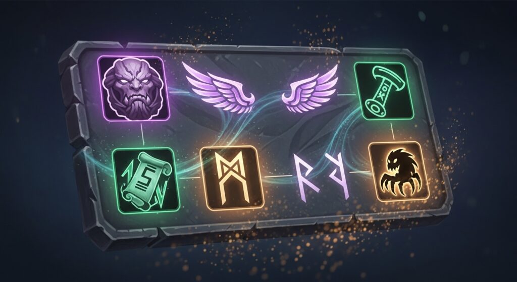 Dota 2 patch changes and meta shift shown as mystical icons of Roshan, couriers, teleport scrolls, runes, and creep rules glowing on a floating tablet.