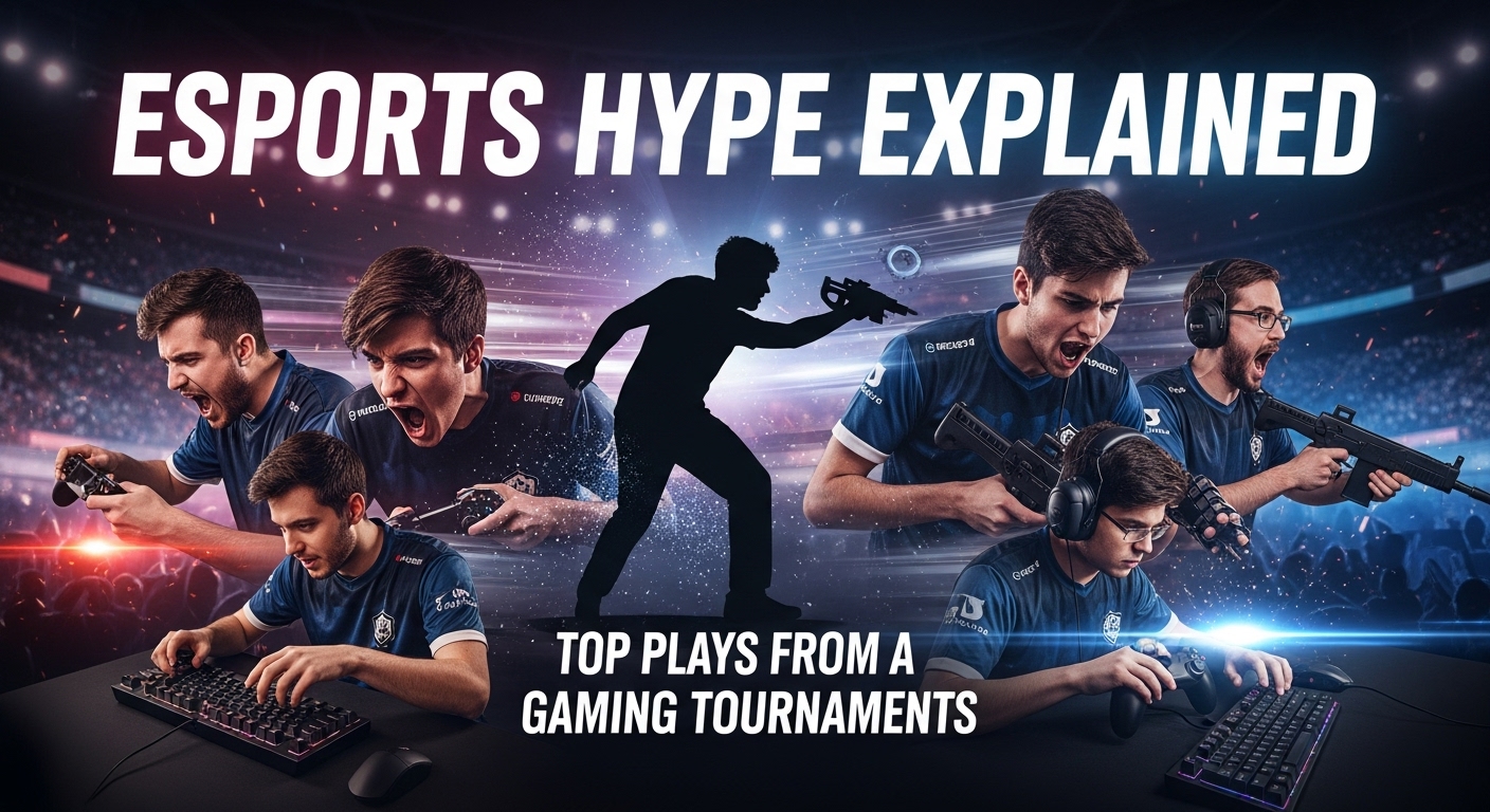 Esports players in the middle of intense gameplay in a tournament arena, highlighting a clutch play moment with glowing lights, motion effects, and text overlay 'Esports Hype Explained: Top Plays from Gaming Tournaments.