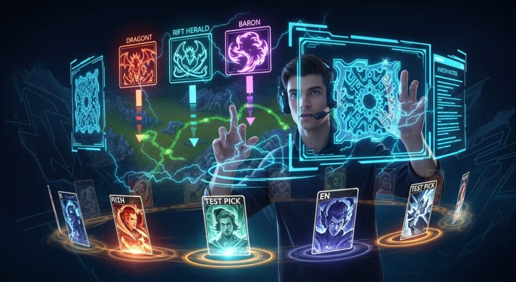 League of Legends player testing patch in holographic command hub with glowing objectives, champion portraits, and Rift map projections.