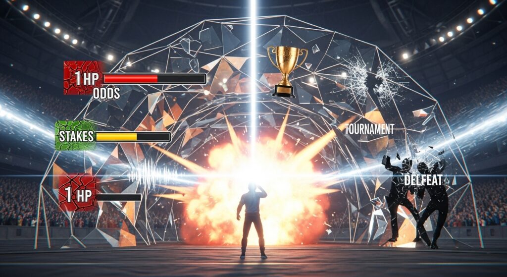 A surreal 3D render of a video game character's winning move creating a crystalline shockwave containing embedded fragments of low health, the trophy, and the roaring crowd.