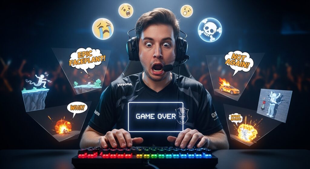 Cinematic esports scene showing a pro gamer mid-fail with exaggerated expression, surrounded by glowing miniature past fails, comic-style annotations, and floating emotes, highlighting funny moments that become legendary lore.