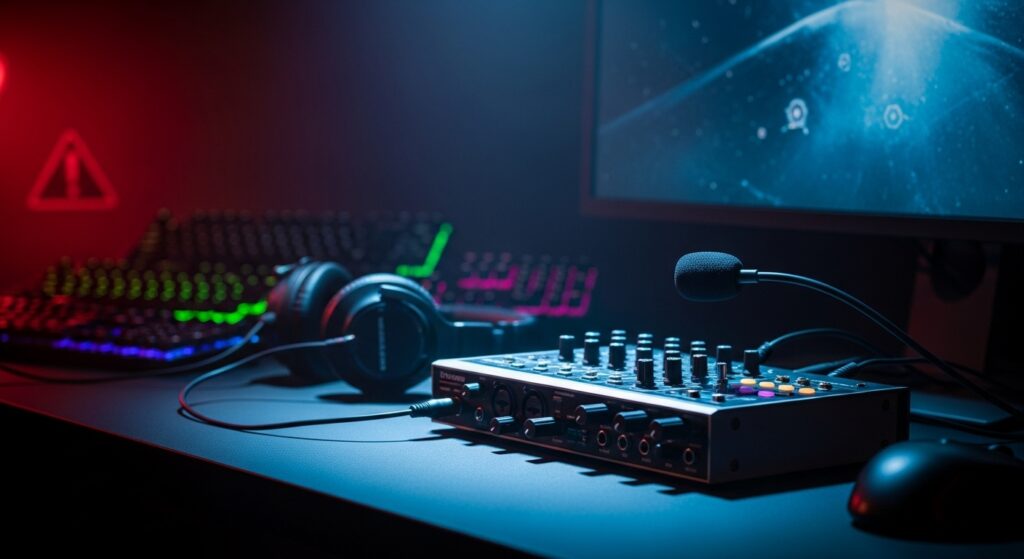Pro player streaming setup focused on stability and low latency with clean audio gear, headset, and minimal RGB distractions.