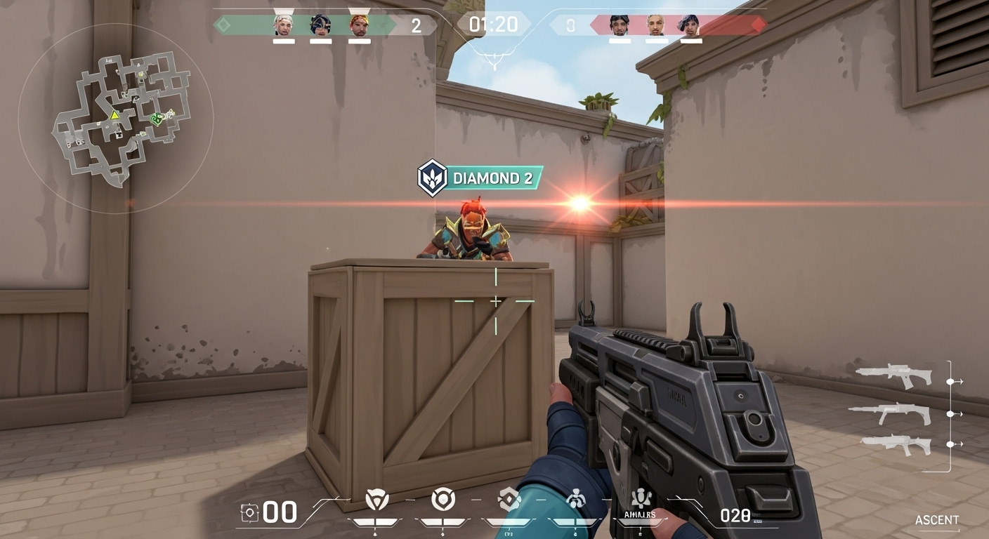 How to rank in Valorant shown in first-person gameplay during ranked mode.
