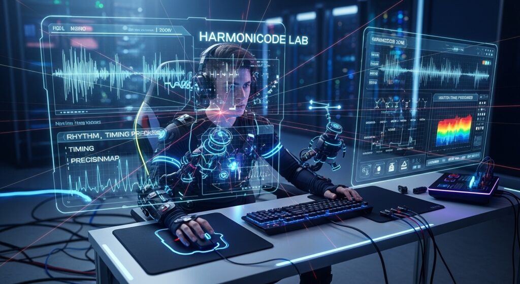Esports player training in a harmonicode lab using advanced motion sensors, aim tools, and holographic analytics to master rhythm, timing, and precision.