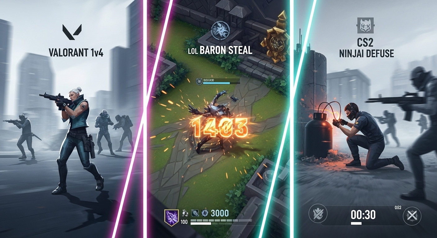 Epic esports moments featuring a Valorant 1v4 clutch, League of Legends Baron steal, and CS2 ninja defuse in a dynamic split-screen action scene.
